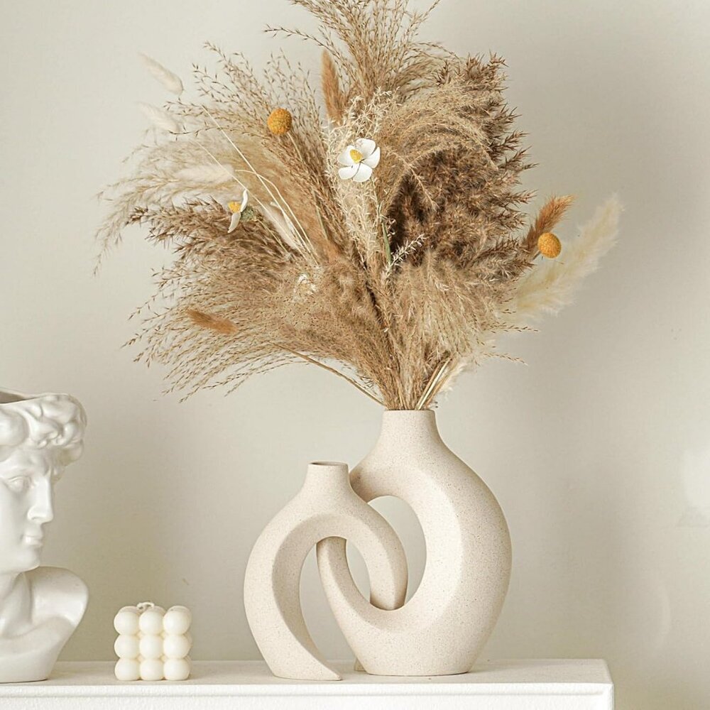 Snuggle Hollow Ceramic Set of 2 Boho ins Style Round Decorative Cream White Vase - Picture 4 of 6